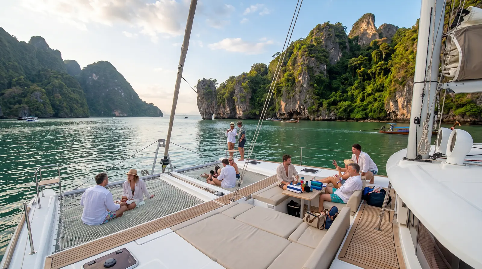 Invitados en cubierta frente a los acantilados de la bahía de Phang Nga