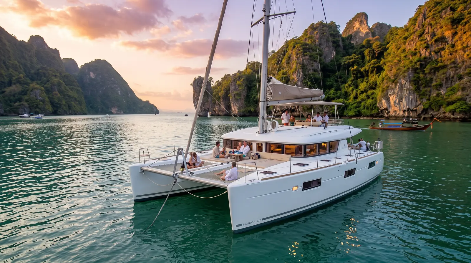 El catamarán fondeado al atardecer